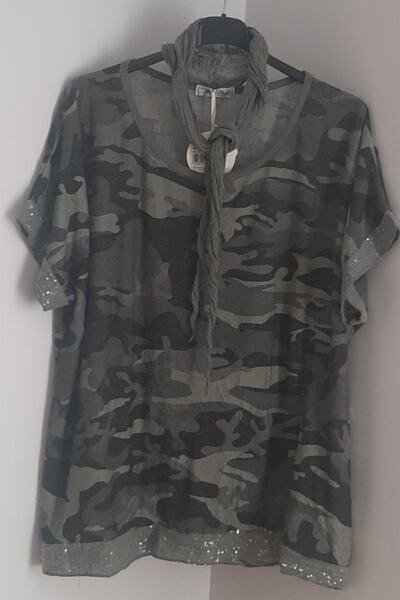 AYASOFYA OTANTIK Жіноча блуза з камуфляжним принтом - рукави з паєтками та во...