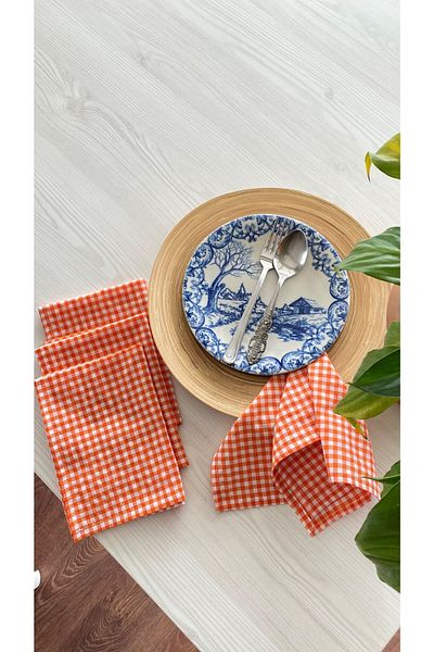 White Alamode Gingham Orange Napkin Holder Set