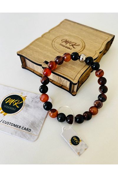 MK tasarım Black Coffee Agate Bracelet - Mktasarım in Special Box with Customer Card