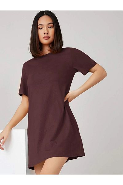 MOONBULL Braunes, schlichtes Oversize-Kleid aus Baumwolle mit Rundhalsausschnitt