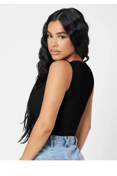 tuba yozgatlıoğlu Women's Black Square Neck Crop Top Blouse