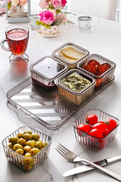 Trouvaille Breakfast Storage Container with Tray - 6-Piece Breakfast Set with Lids Square Compartment Breakfast Bowl