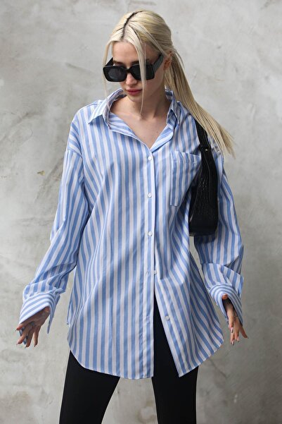 Madmext Cămașă de damă oversize cu dungi albastre Mg1688