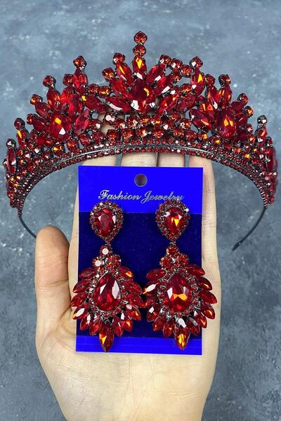 FdayAksesuar Set de coroană de mireasă și cercei cu piatră strălucitoare roși...