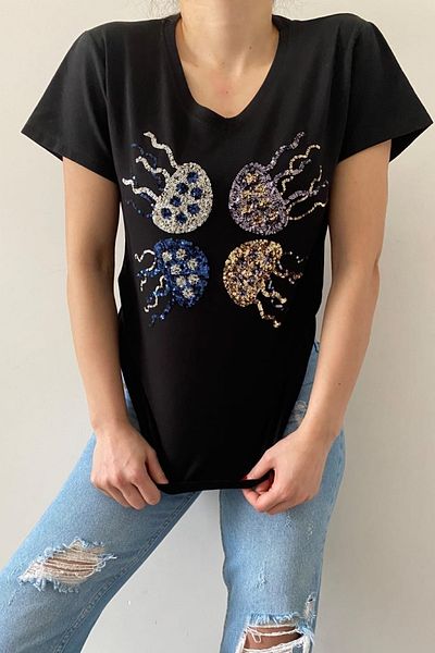 FEMELLE Tricou negru de damă, cu decolteu în V, meduză, cu paiete, brodat cu paiete, 100% bumbac
