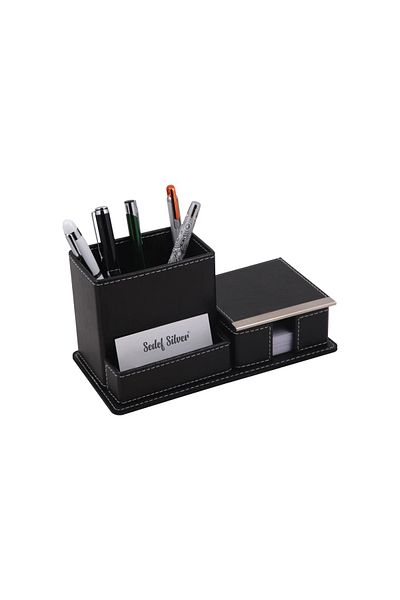 SEDEF SİLVER Desktop Leather Office Black Compartmented Pen Holder