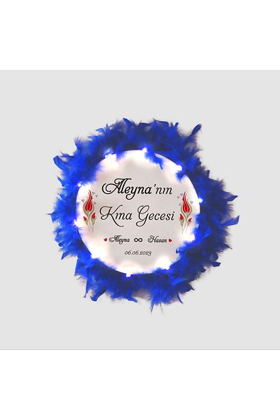BAKSEPETE Illuminated, Name Printed Henna Tambourine, Bridal Tambourine (32 Cm Large Size Blue)