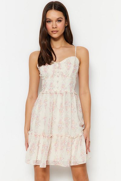 Trendyol Collection Ecrufarbenes, floral bedrucktes Minikleid aus gewebtem Chiffon mit V-Ausschnitt und Taillenöffnung, gefüttert TWOSS23EL01782