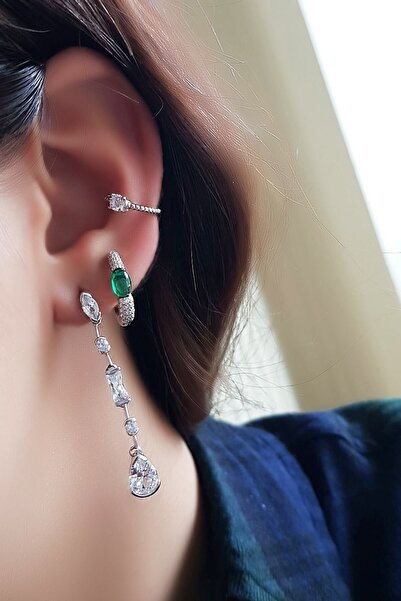 MorMajor Silver Tekli Ithal Yeşil Taşlı Halka Gümüş Küpe