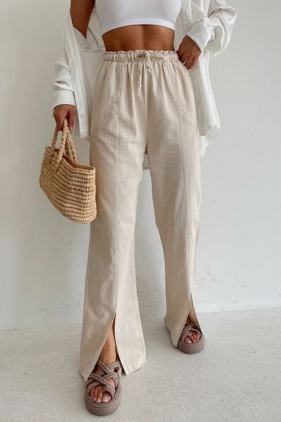 Suzi butik Pantaloni de damă din in brut, cu fante pe picioare și talie elastică