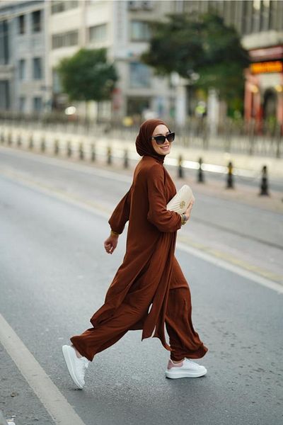 NS Moda Hijab Cross Tied Jumpsuit Brown Model-419