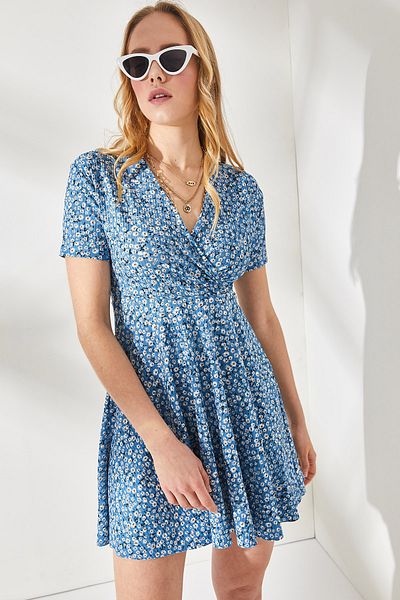 Olalook Rochie evazată cu guler dublu Indigo Little Daisy pentru femei ELB-19001846