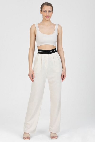 MD trend Women's Stone Waist Stripe Banded Double Pocket Palazzo Linen Trousers