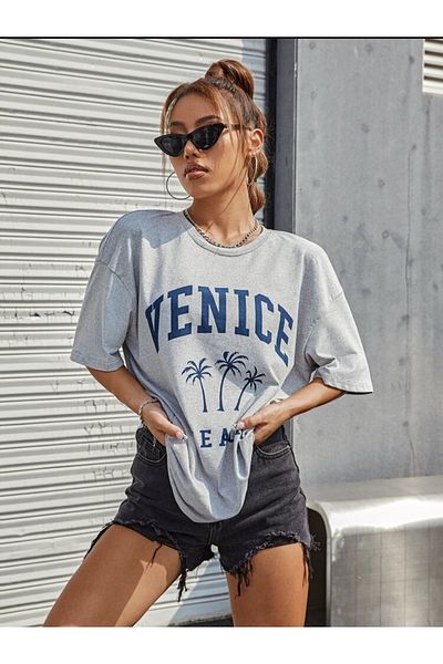 BENROMA 1 μπλουζάκι δώρο για αγορές 6 και άνω στο καλάθι - Unisex Venice printed γκρι μπλουζάκι