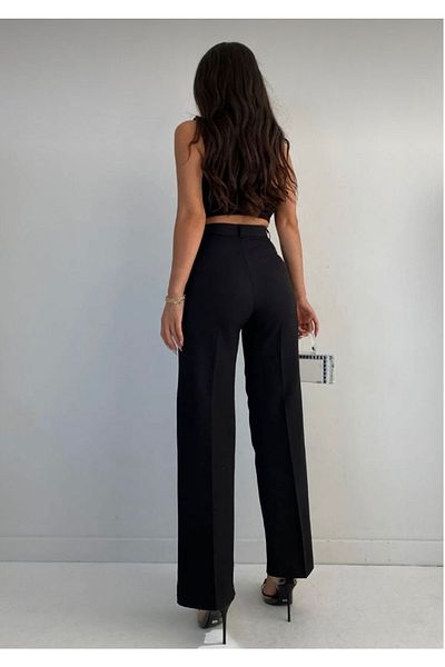 BROWSER Women's Black High Waist Front Stitching Detailed Wide Leg Fabric Trousers