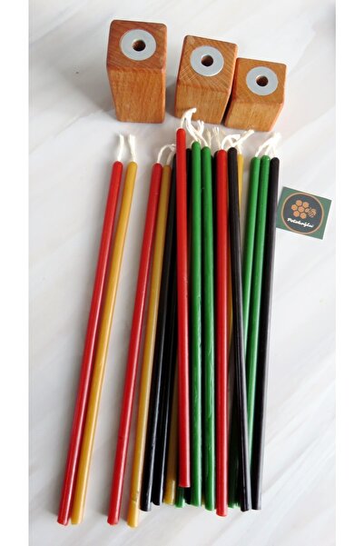 Petekoğlu (20 Adet) Balmumu Mum Ve (3 Adet) Dekoratif Özel Dizayn Ahşap Mumluk Dilek Mumu Doğal Petek Mum