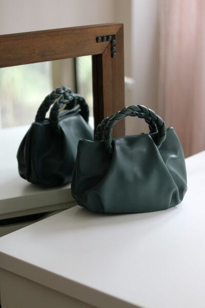 Moom Bag Women's Dark Green Knitted Handle Soft Leather Shoulder Bag