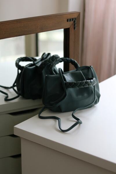 Moom Bag Women's Dark Green Knitted Handle Soft Leather Shoulder Bag