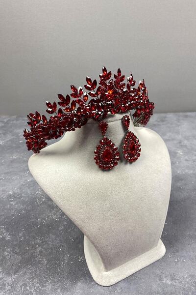 FdayAksesuar Set de coroană de mireasă și cercei cu pietre prețioase Red Asha...