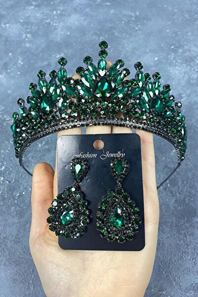 FdayAksesuar Set de coroană de mireasă și cercei cu pietre strălucitoare Henn...