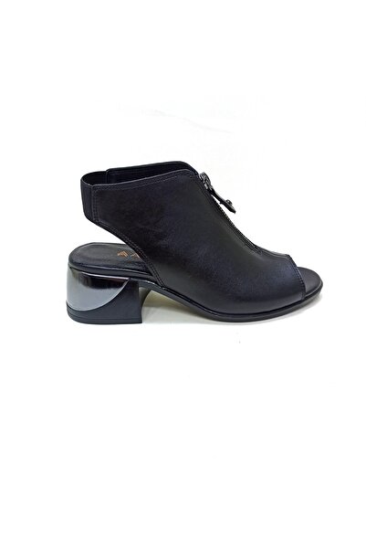 ALBİNİ Siyah Deri Kadın Topuklu Sandalet Ayakkabı