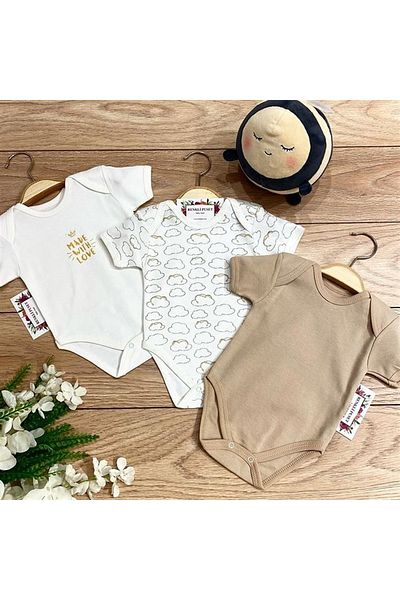 Renkli Puset 3-Piece Combed Cotton Baby Short Sleeve Bodysuit Set Cloud Blue Pink Brown