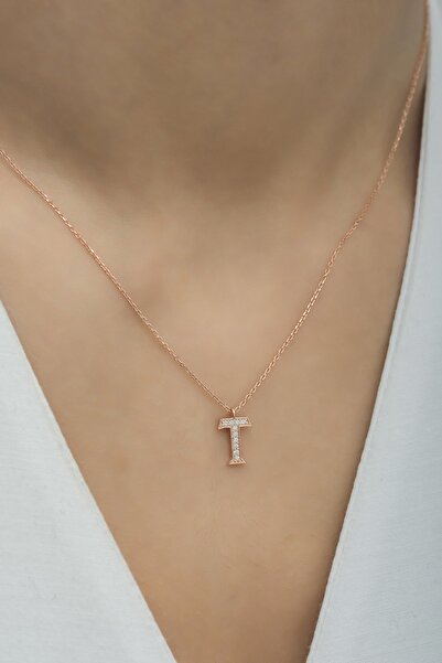 klas gümüş Gümüş Zirkon Taşlı T Harfi Kolye