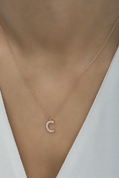 klas gümüş Gümüş Zirkon Taşlı C Harfi Kolye
