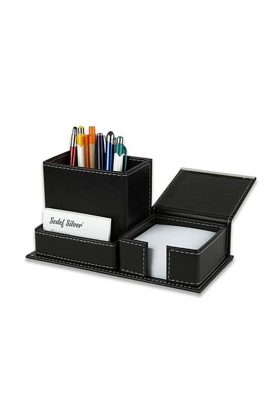 SEDEF SİLVER Desktop Leather Office Black Compartmented Pen Holder