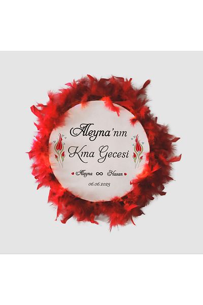 BAKSEPETE Name Printed, Leather Tambourine, Henna Tambourine (32 CM LARGE SIZE-RED FEATHER)
