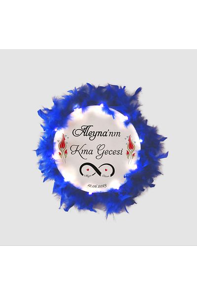 BAKSEPETE Illuminated, Name Printed Henna Tambourine, Bridal Tambourine (32 Cm Large Size Blue)