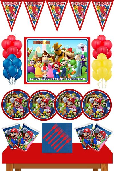 Parti Furyası Super Mario Birthday Concept Banner 24 Person Super Mario Birthday Set