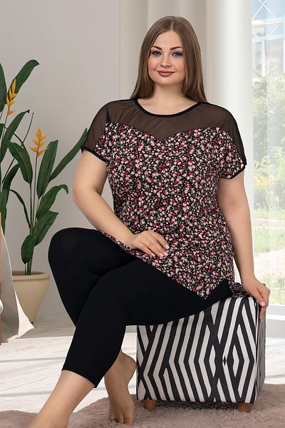 Jenny Daphne Lady Short Sleeve Large Size Capri Pajamas Set 10634