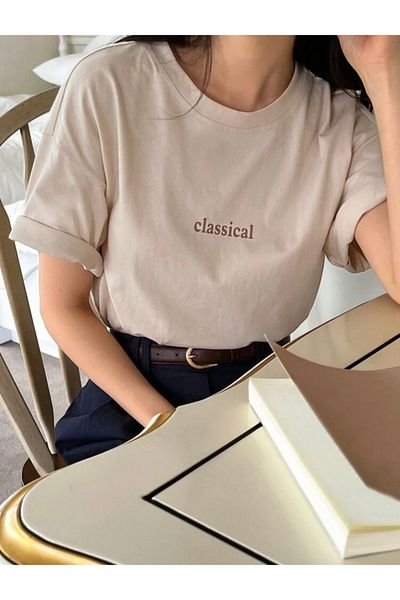 BYMEER Μπλουζάκι Unisex Beige Classical Printed Crew Neck Oversize