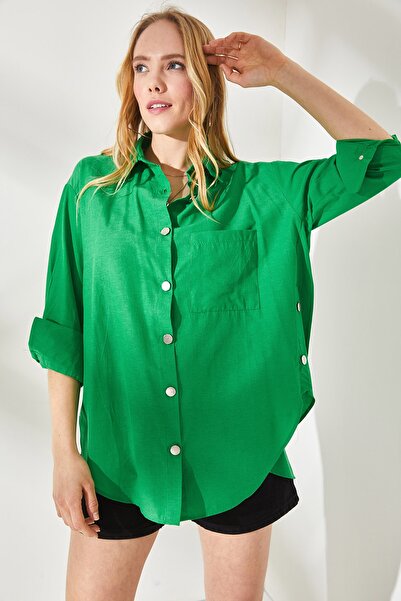 Olalook Women's Grass Green Side Button Detailed Oversize Woven Shirt GML-19001004