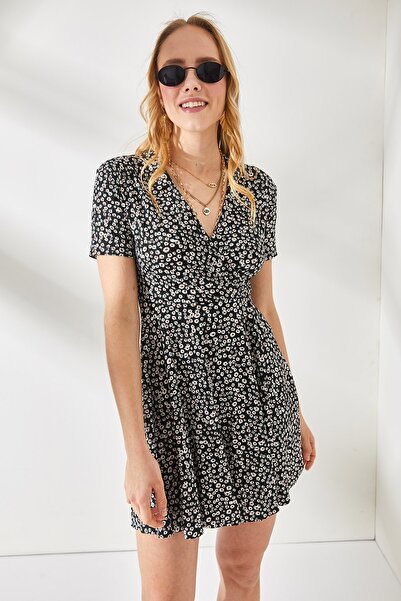 Olalook Kadın Siyah Minik Papatya Kruvaze Yaka Kloş Elbise ELB-19001846