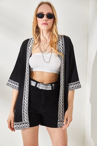Olalook Dámské kimono Kaftan s černým pruhem a podrobnou texturou KMN-00000055