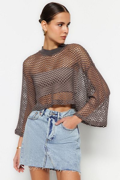 Trendyol Collection Πλεκτό πουλόβερ Mink Crop Openwork/Hole Knitwear TWOSS23KZ00033