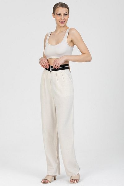 MD trend Women's Stone Waist Stripe Banded Double Pocket Palazzo Linen Trousers