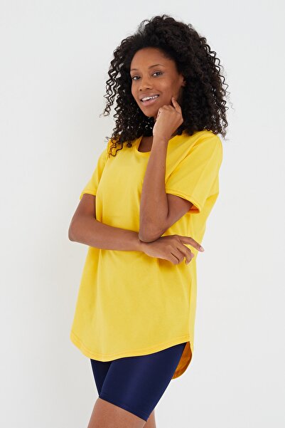 Tarz Cool Women's Yellow Oval Skirt Wide Collar 100% Cotton Short Sleeve T-Shirt