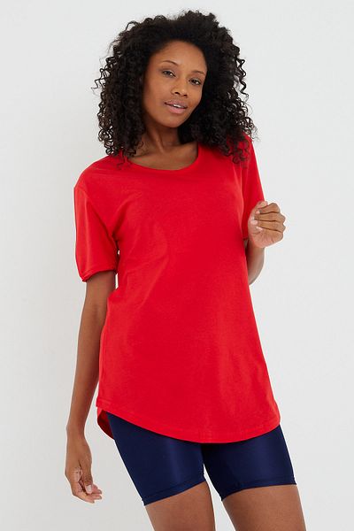 Tarz Cool Women's Red Oval Skirt Wide Collar 100% Cotton Short Sleeve T-Shirt