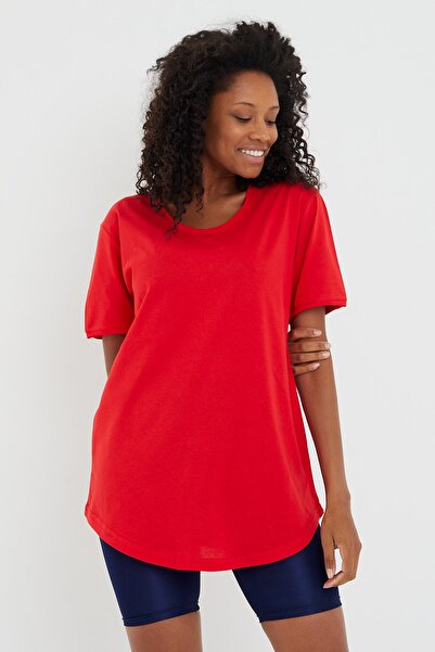 Tarz Cool Women's Red Oval Skirt Wide Collar 100% Cotton Short Sleeve T-Shirt