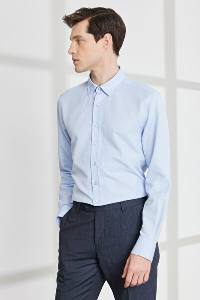 ALTINYILDIZ CLASSICS Erkek Açık Mavi Slim Fit Dar Kesim Gizli Düğme Yaka Pamuklu Armürlü Gömlek