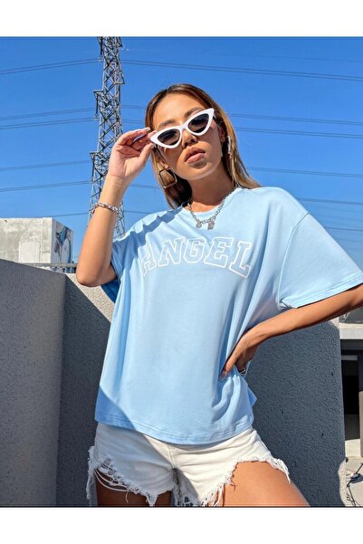 AFROGİYİM Women's Angel Printed Baby Blue Oversize T-shirt
