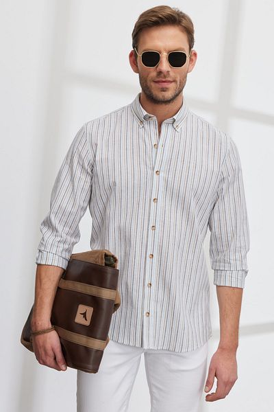 ALTINYILDIZ CLASSICS White-Beige Linen, Slim Fit, Buttoned Collar Striped Men's Shirt