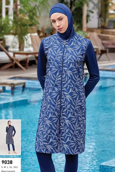 ROZAMAY Women's Long Sleeve Fully Covered Parachute Fabric Hijab Swimsuit 9038 Dark Navy Blue