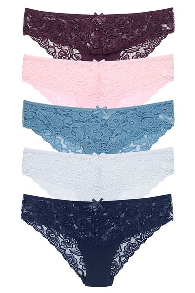 Zena 5-Piece Lace Cotton Fabric Detailed Women's Slip Panties