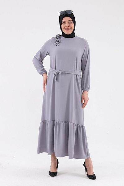 NESAFET Shoulder Ruffle Detailed Belted Women's Dress