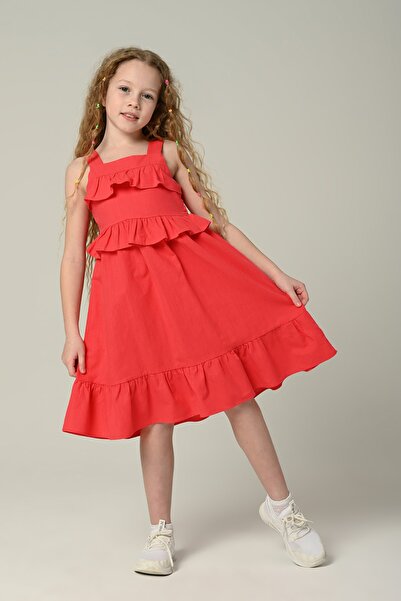 Happy Kids 3-8 Yaş Gılrs Drees Kız Çocuk Dokuma Elbise -nar Çiçeği