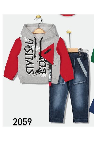 Novy Baby Hooded Printed Men's 2-Piece Set with Jeans - 2-5 Years - Red - 2059